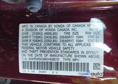 2019 Honda Cr-V Lx z USA, uszkodzony, nr VIN 2HKRW5H34KH408010